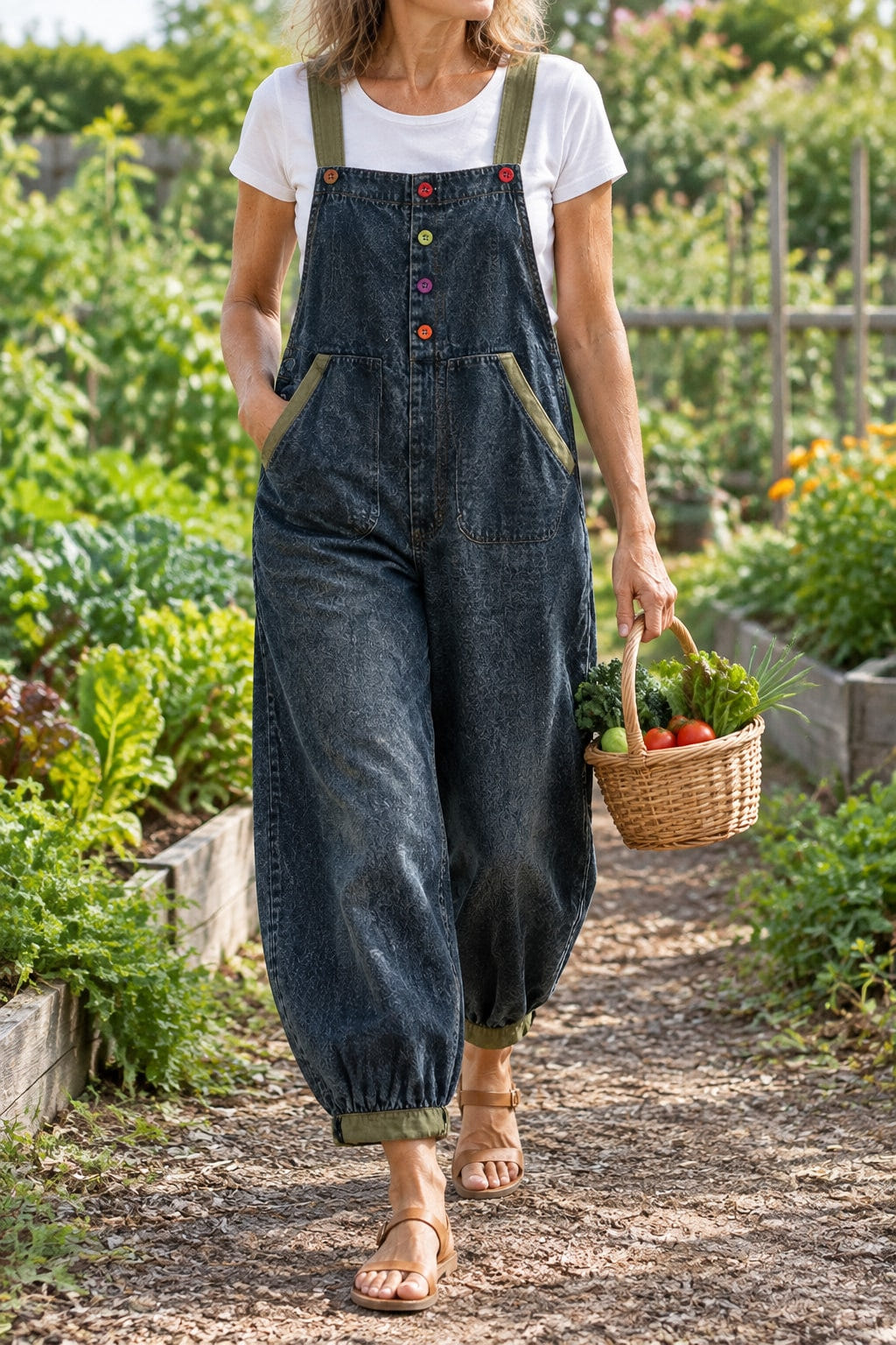Balloon-leg denim overalls in the garden