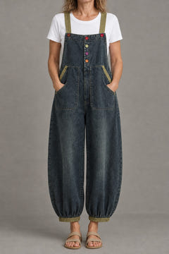 Balloon-leg denim overalls in a dark vintage wash