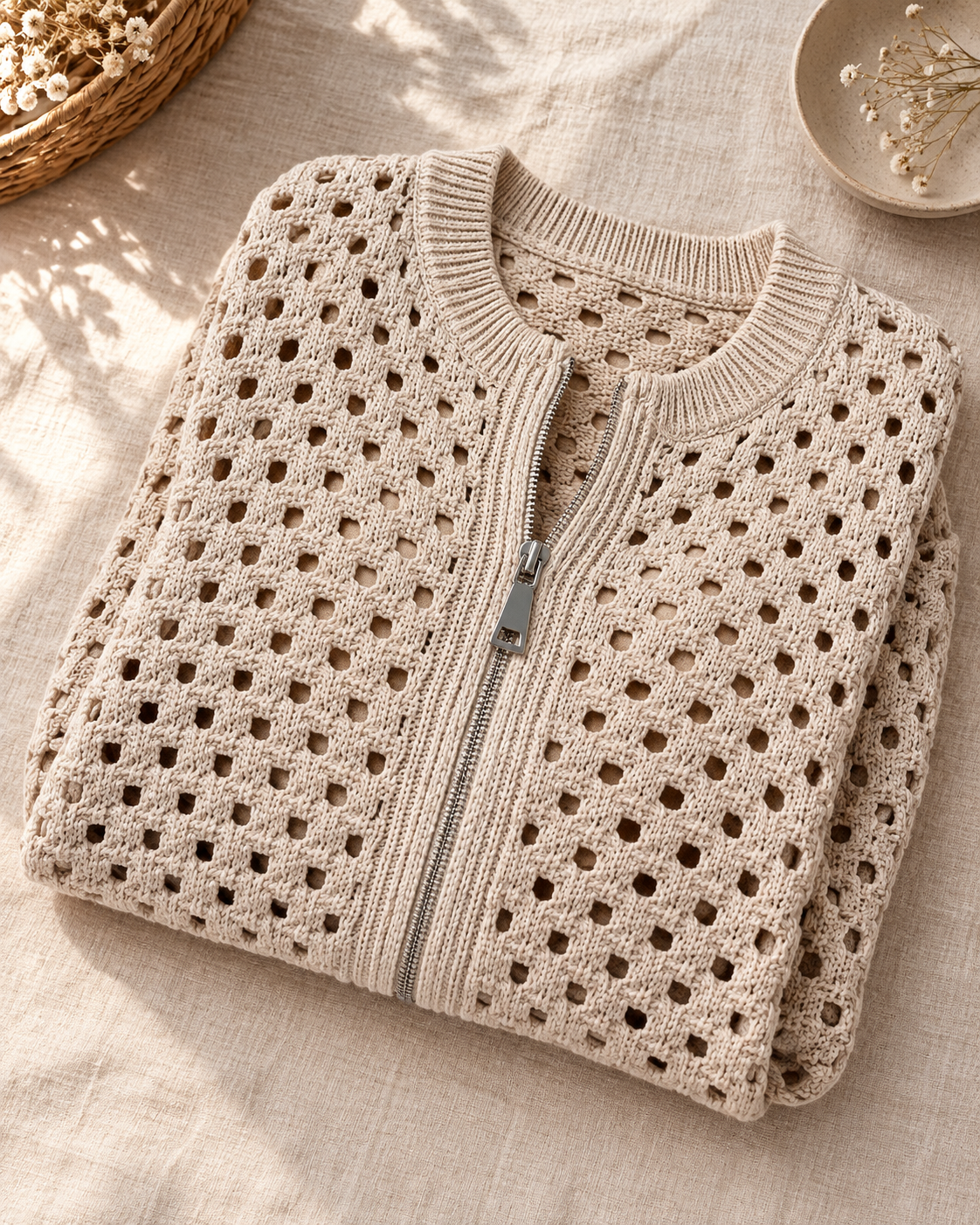 Roselyn | Hollow-Knit Zip Cardigan