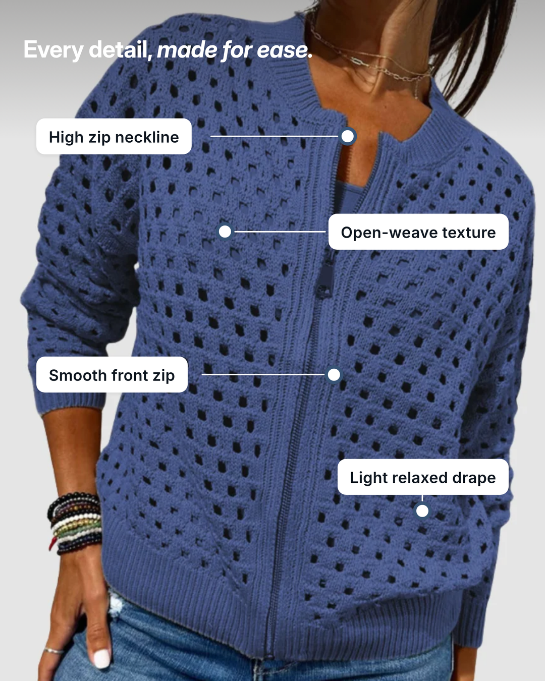 Roselyn | Hollow-Knit Zip Cardigan details