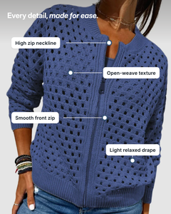 Roselyn | Hollow-Knit Zip Cardigan details