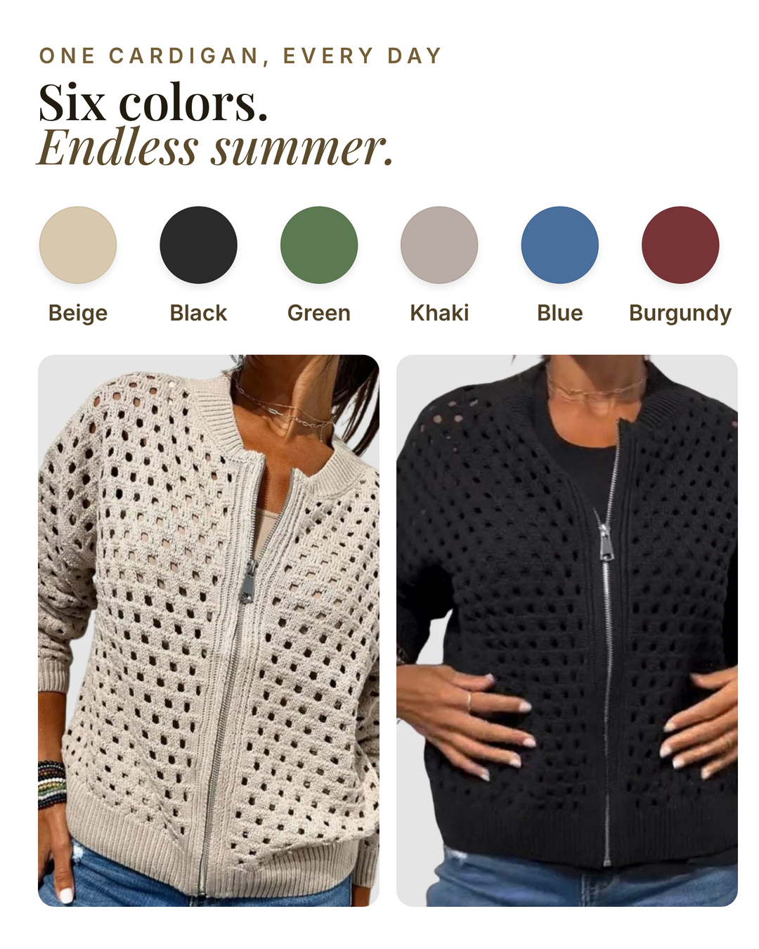 Roselyn | Hollow-Knit Zip Cardigan available in 6 colours: beige, black, green, khaki, blue, burgundy