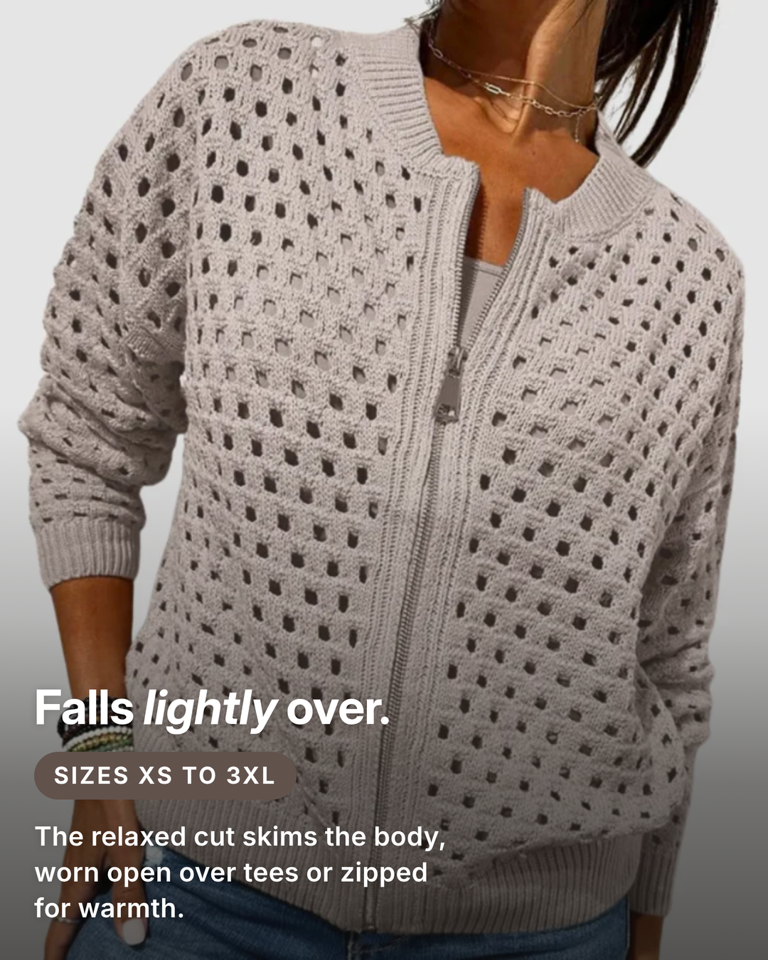 Roselyn | Hollow-Knit Zip Cardigan fit and sizes