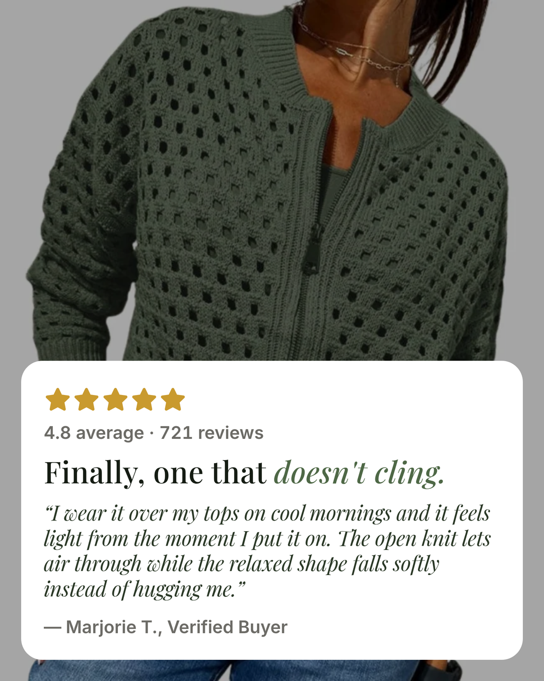 Roselyn | Hollow-Knit Zip Cardigan five star customer review
