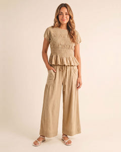 Smocked top and wide-leg pants set in sand, full length