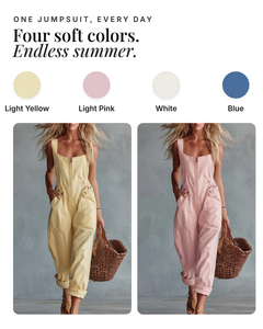 Selkie | Square-Neck Denim Jumpsuit available in 4 colours: light yellow, light pink, white, blue