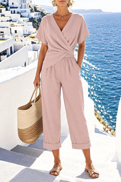 Wrap-front two-piece set in dusty pink