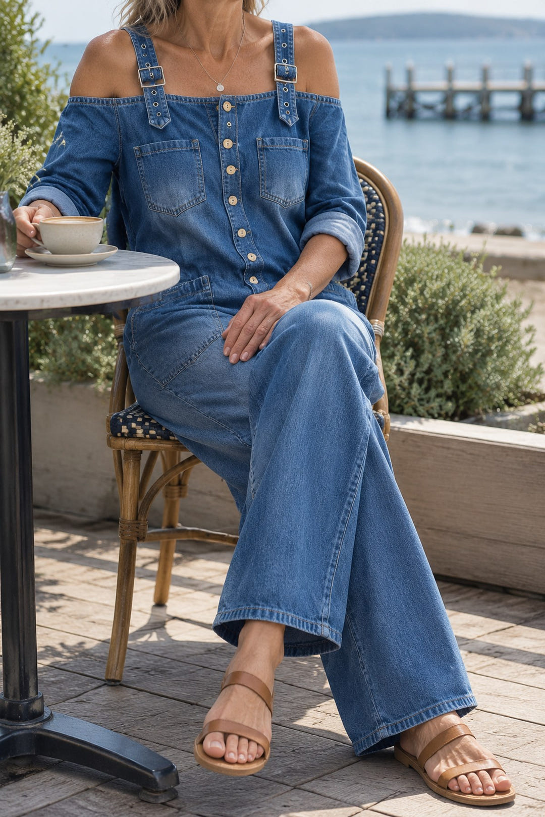 Off-shoulder denim jumpsuit in blue at a seaside cafe