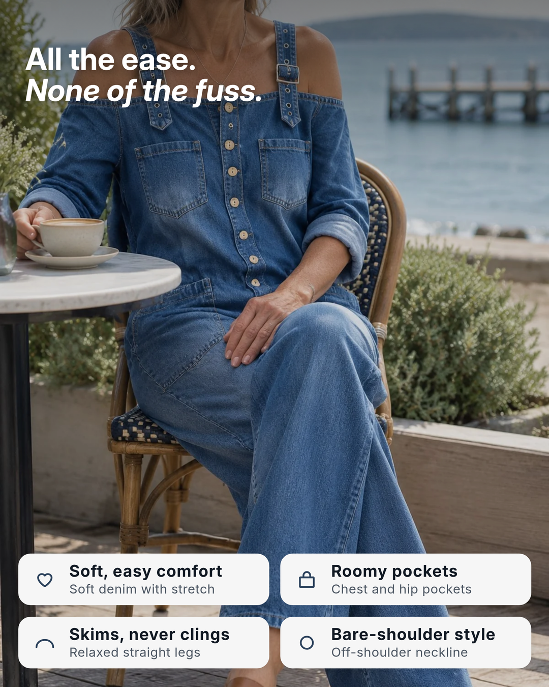 Stevie | Off-Shoulder Denim Jumpsuit benefits
