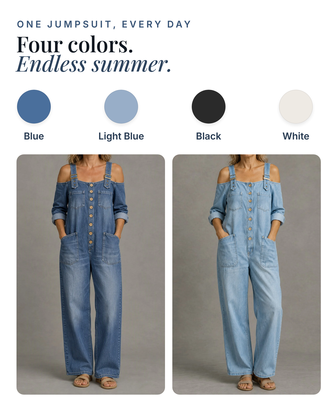 Stevie | Off-Shoulder Denim Jumpsuit available in 4 colours: blue, light blue, black, white