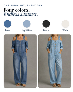 Stevie | Off-Shoulder Denim Jumpsuit available in 4 colours: blue, light blue, black, white