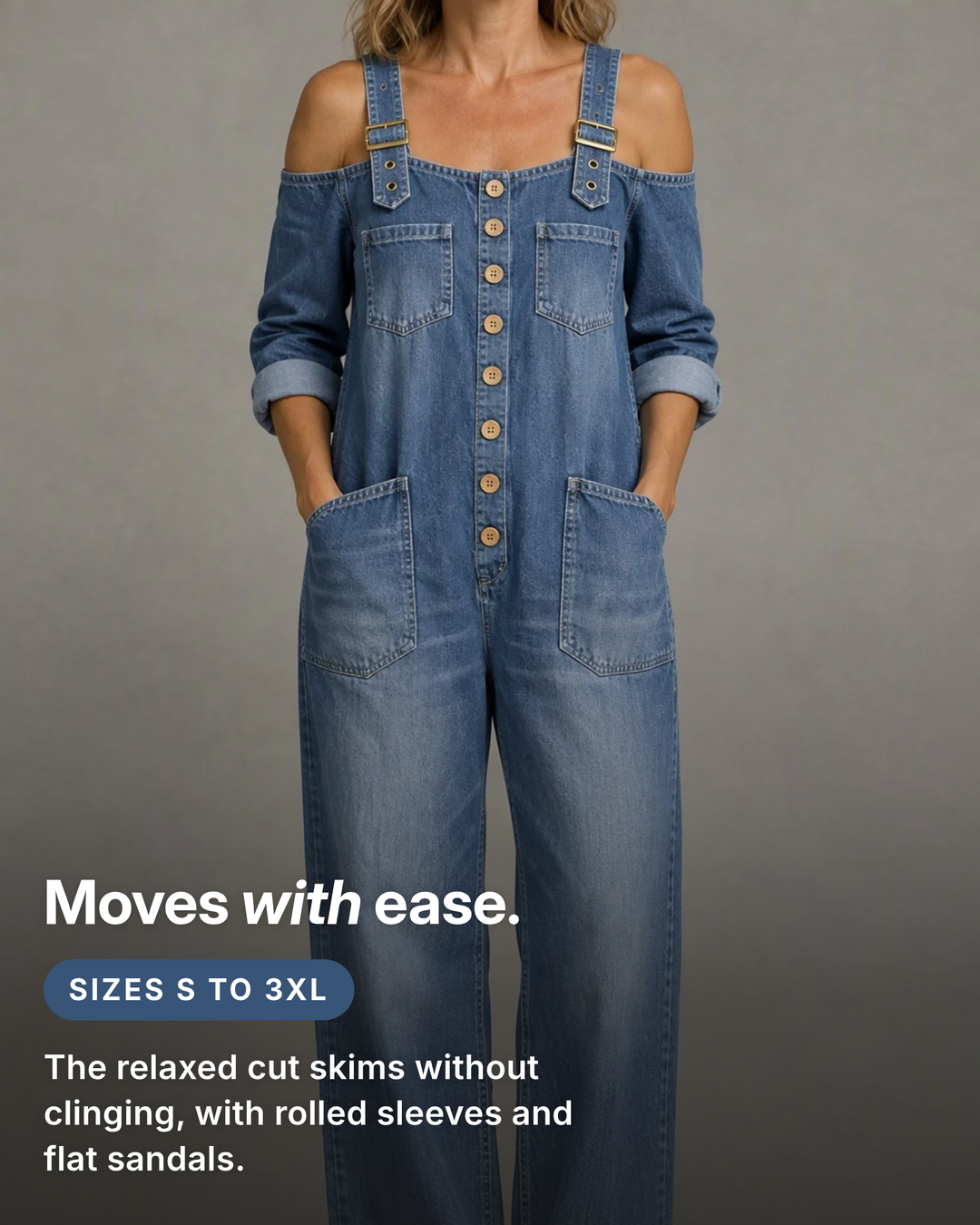 Stevie | Off-Shoulder Denim Jumpsuit fit and sizes