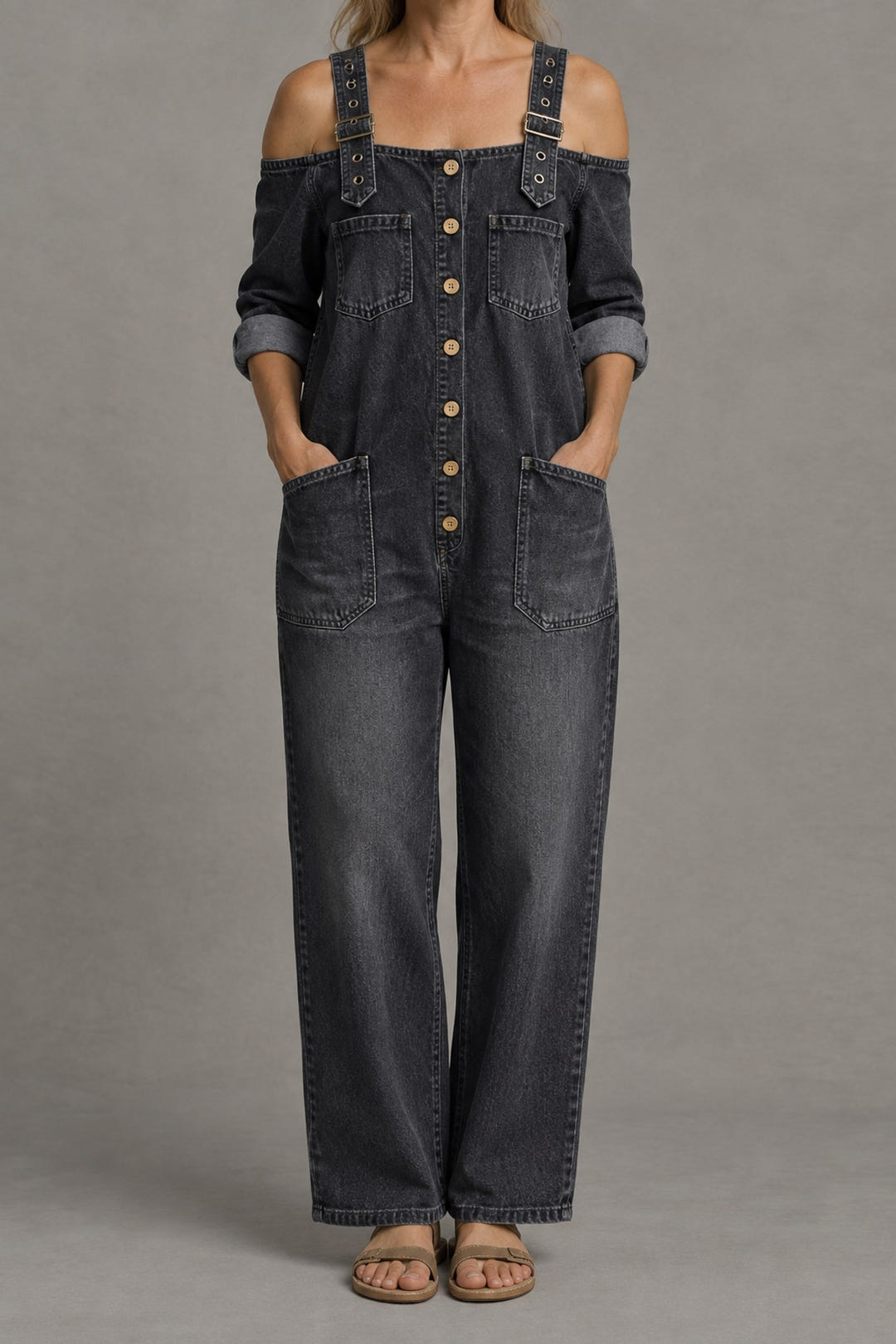 Off-Shoulder Denim Jumpsuit in black