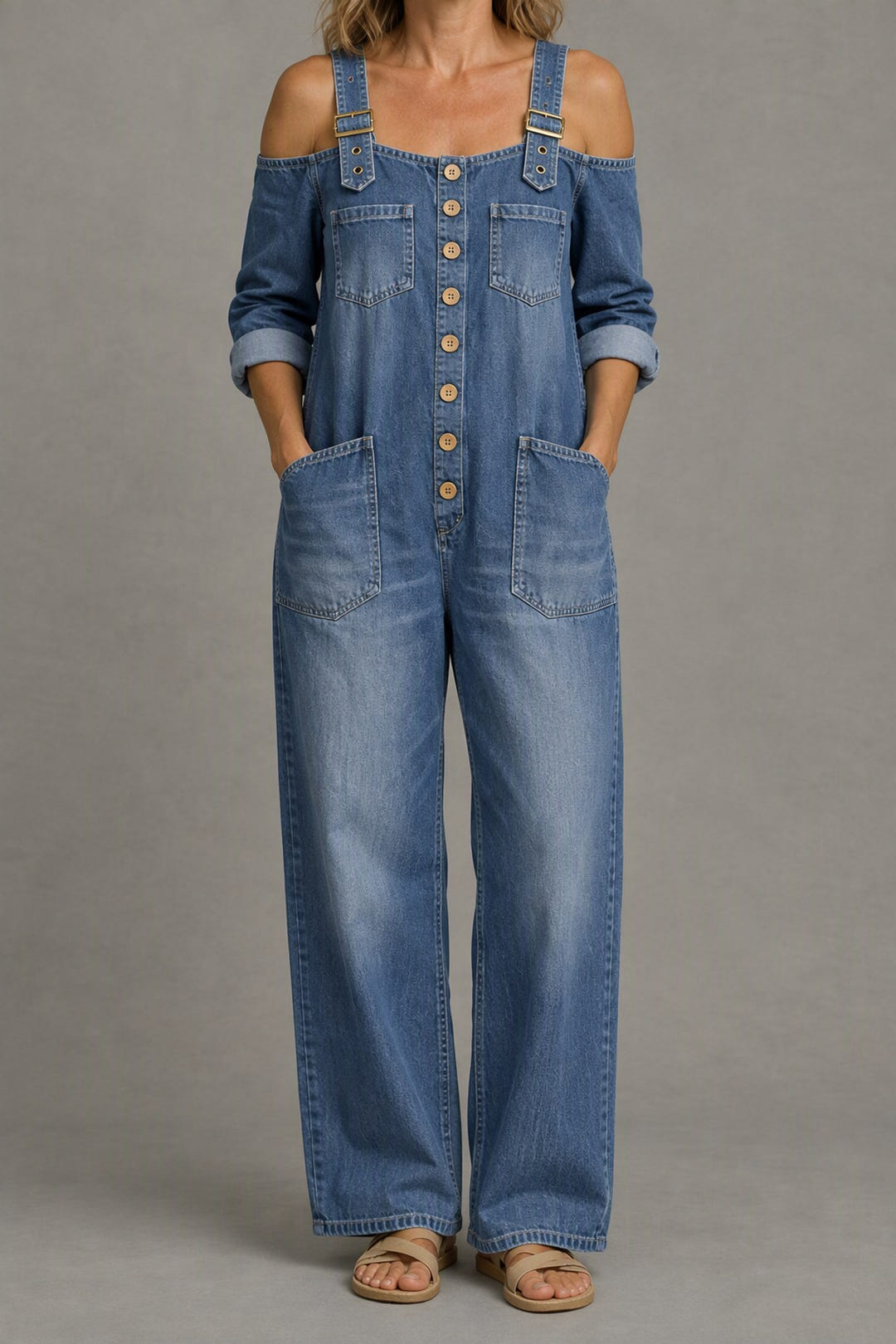 Off-Shoulder Denim Jumpsuit in blue