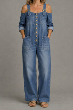 Off-Shoulder Denim Jumpsuit in blue