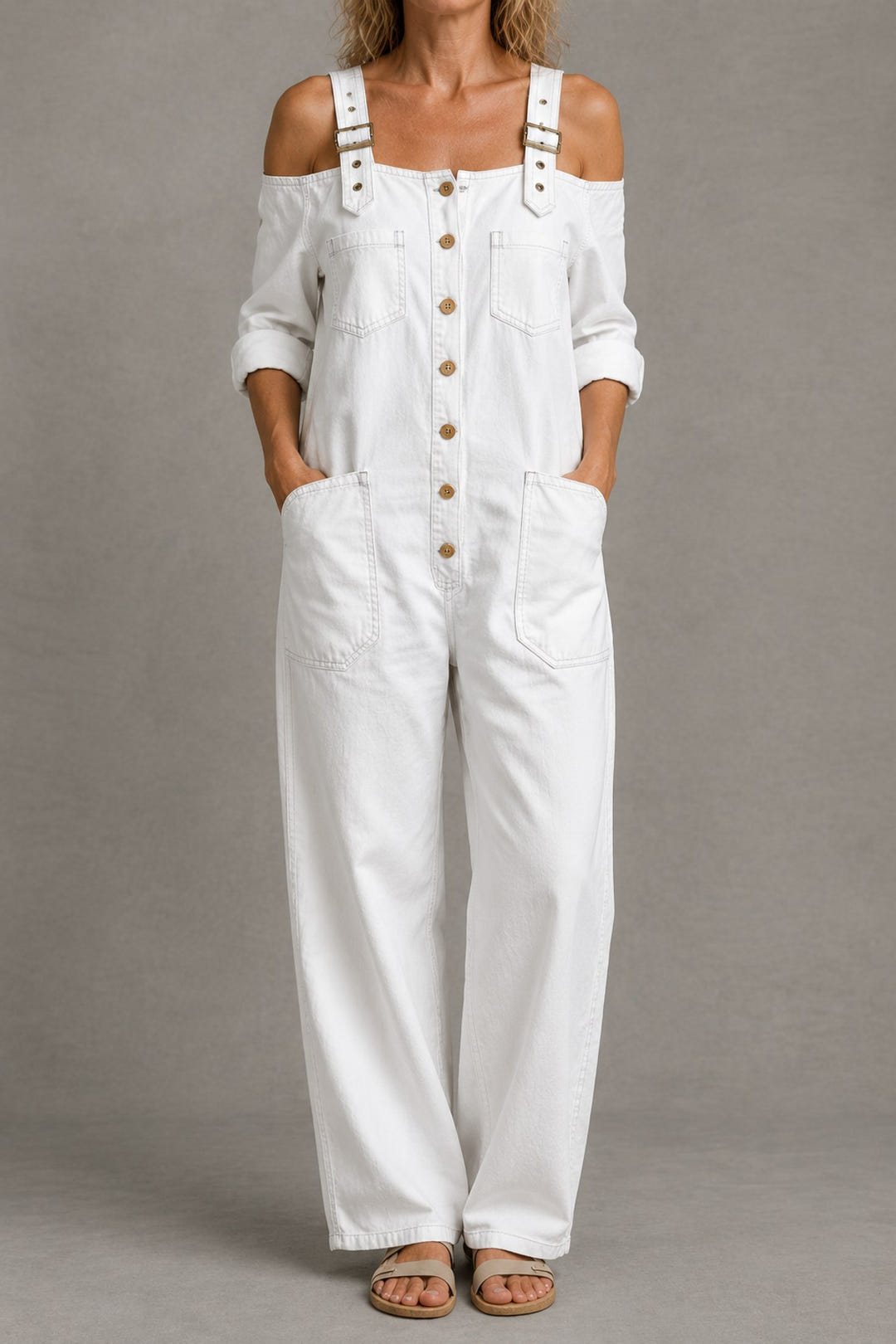 Off-Shoulder Denim Jumpsuit in white
