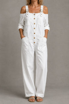 Off-Shoulder Denim Jumpsuit in white