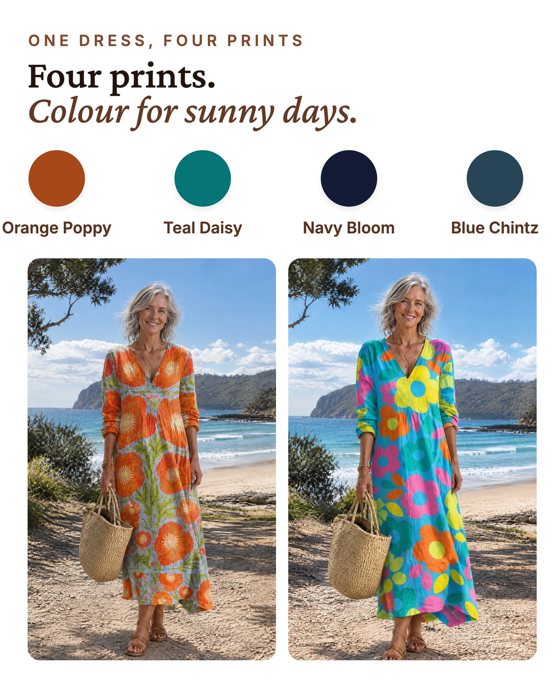 Sunny | Poppy Print Long-Sleeve Dress available in 4 colours: orange poppy, teal daisy, navy bloom, blue chintz