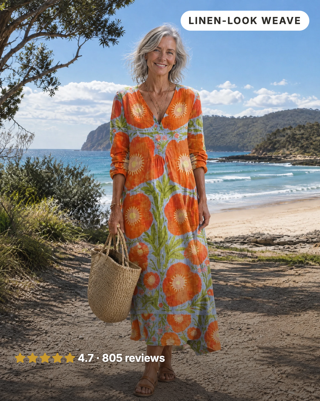 Sunny | Poppy Print Long-Sleeve Dress in orange poppy