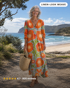 Sunny | Poppy Print Long-Sleeve Dress in orange poppy