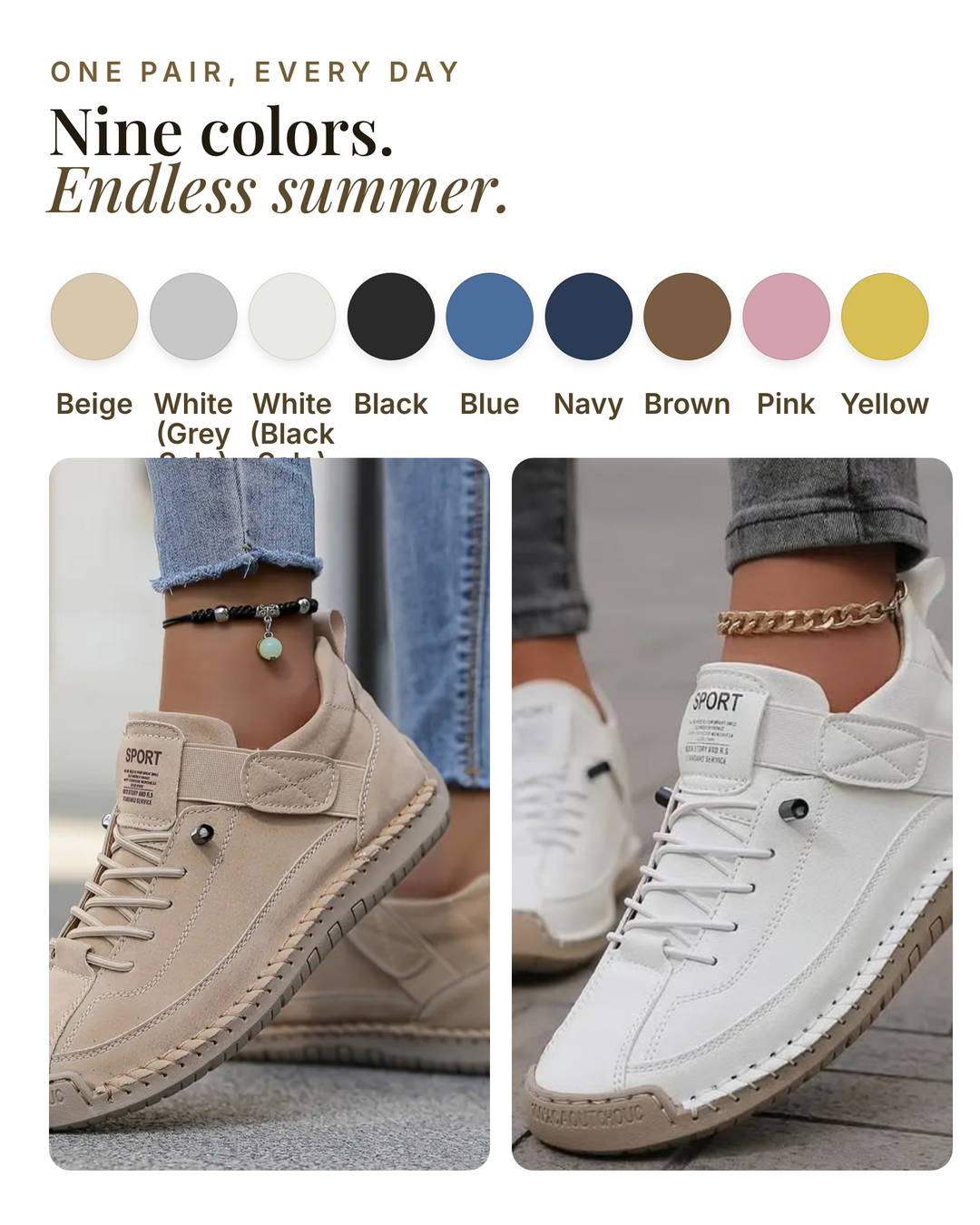 Swinburne | Comfort Arch Sneakers available in 9 colours: beige, white (grey sole), white (black sole), black, blue, navy, brown, pink, yellow