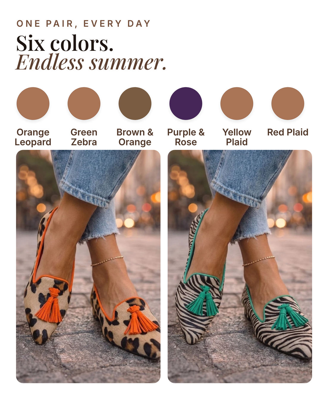Ursa | Pointed Slip-On Flats available in 6 colours: orange leopard, green zebra, brown & orange, purple & rose, yellow plaid, red plaid