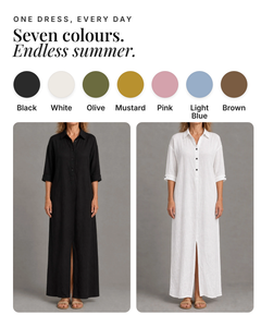 Wynonna | Linen-Look Maxi Shirt Dress available in 7 colours: black, white, olive, mustard, pink, light blue, brown