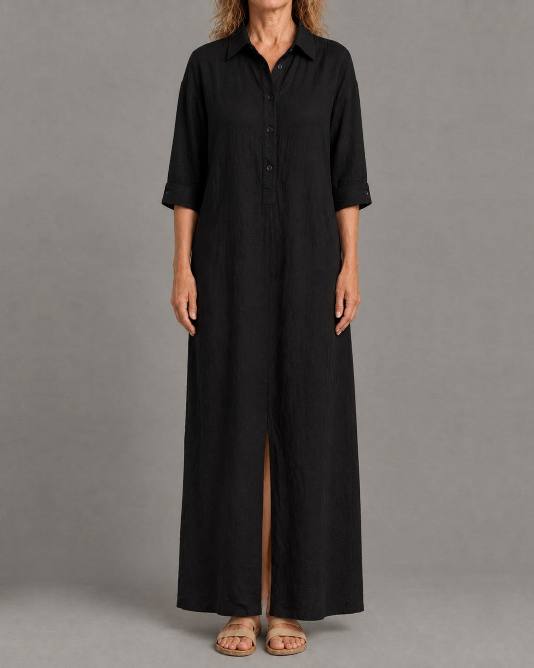 Linen-look maxi shirt dress in black