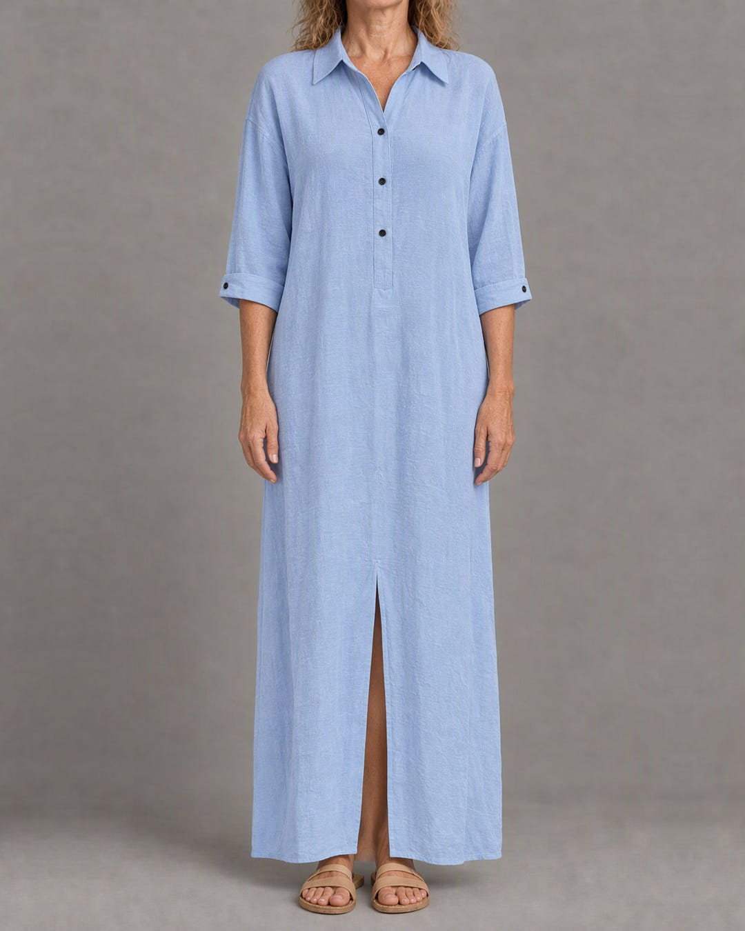 Linen-look maxi shirt dress in light blue with black buttons