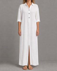 Linen-look maxi shirt dress in white with black buttons